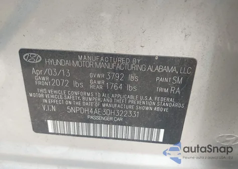 2013 Hyundai Elantra Gls from USA, damaged, VIN 5NPDH4AE3DH322331